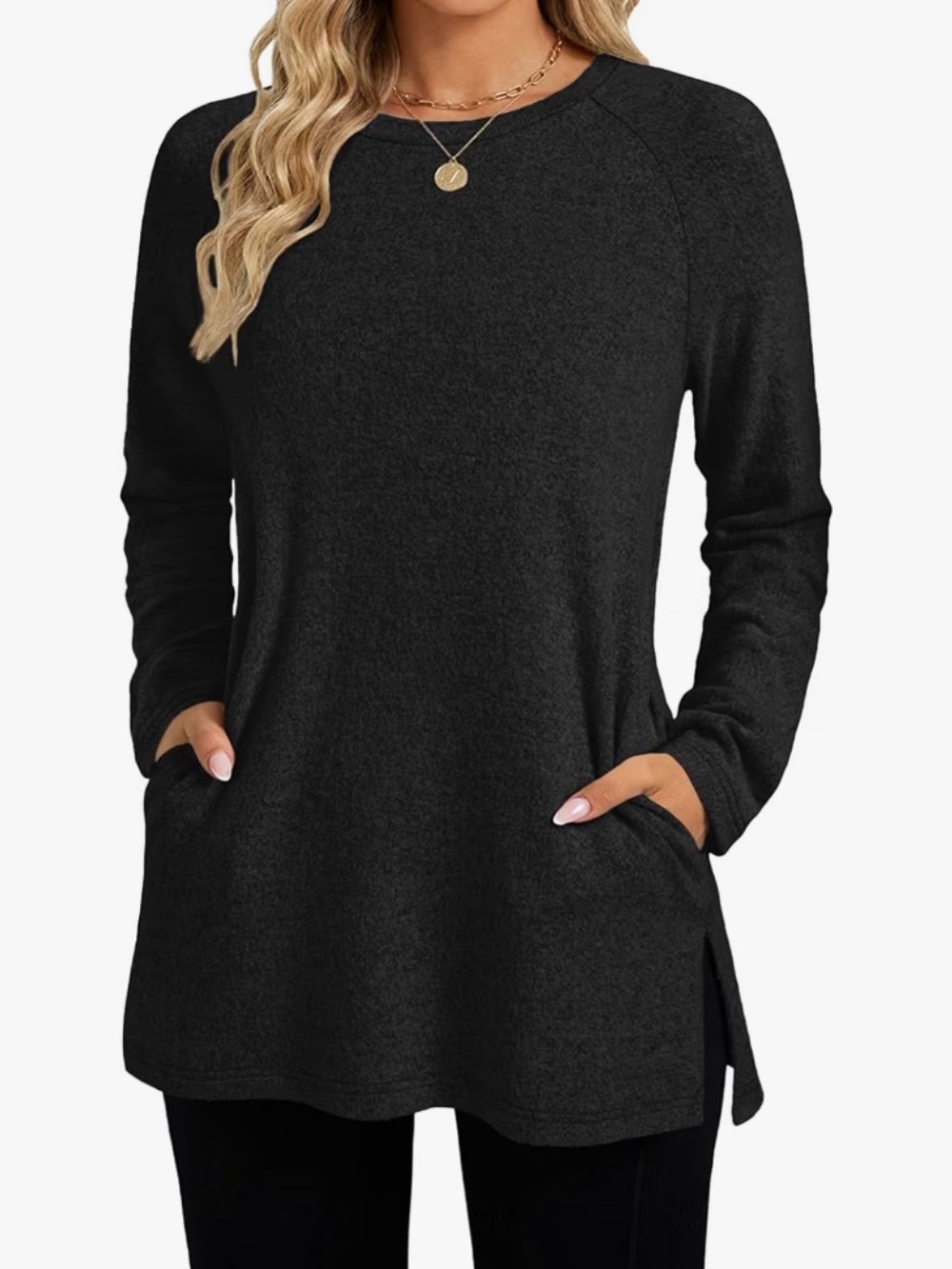 Stylish Black Women's Long Sleeve Tunic Top with Pockets